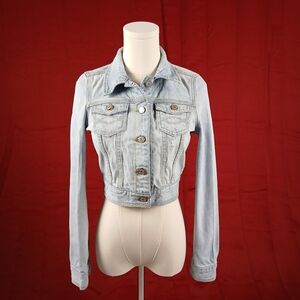 Y2K White Blue Distressed Denim Cropped Jacket Juniors XL/Women’s XS Abercrombie